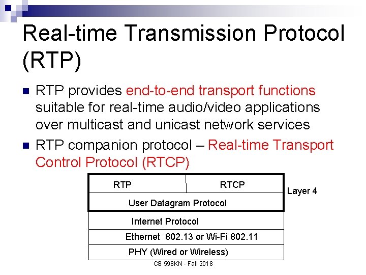 Real-time Transmission Protocol (RTP) n n RTP provides end-to-end transport functions suitable for real-time