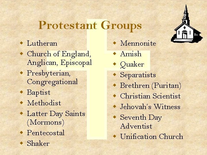 Protestant Groups w Lutheran w Church of England, Anglican, Episcopal w Presbyterian, Congregational w