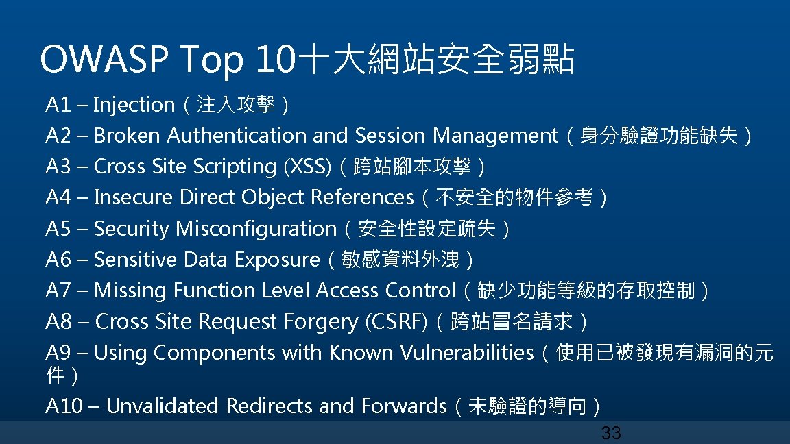 OWASP Top 10十大網站安全弱點 A 1 – Injection（注入攻擊） A 2 – Broken Authentication and Session