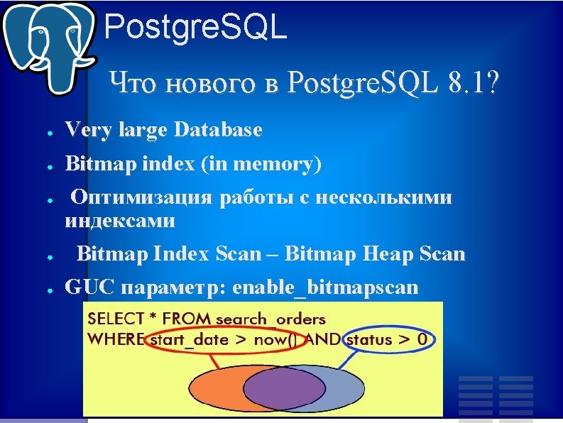 Postgre. SQL Что нового в Postgre. SQL 8. 1? ● ● ● Very large