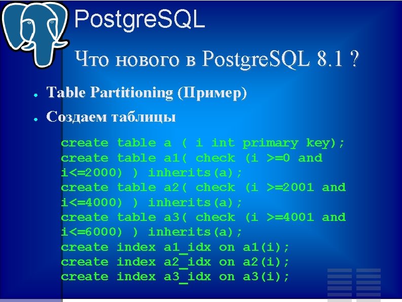 Postgre. SQL Что нового в Postgre. SQL 8. 1 ? ● ● Table Partitioning