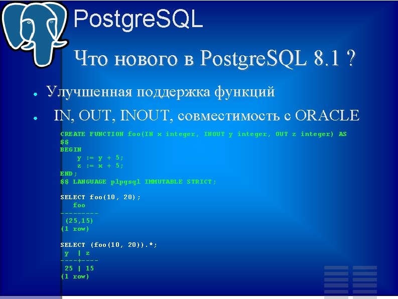 Postgre. SQL Что нового в Postgre. SQL 8. 1 ? ● ● Улучшенная поддержка