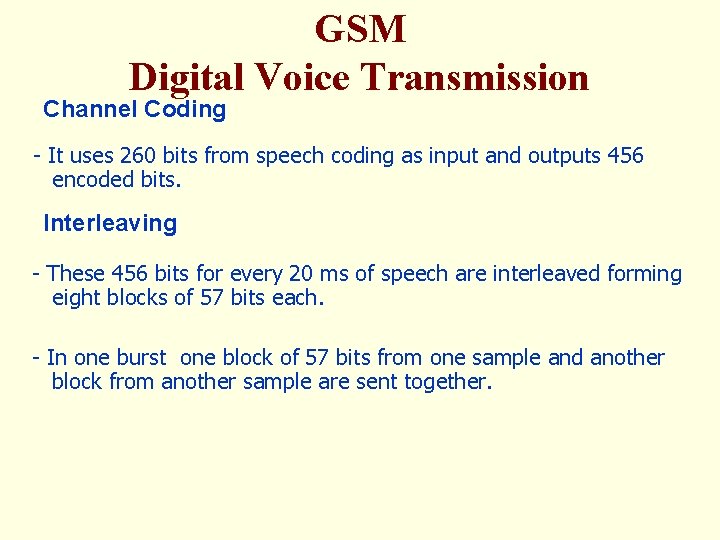 GSM Digital Voice Transmission Channel Coding - It uses 260 bits from speech coding