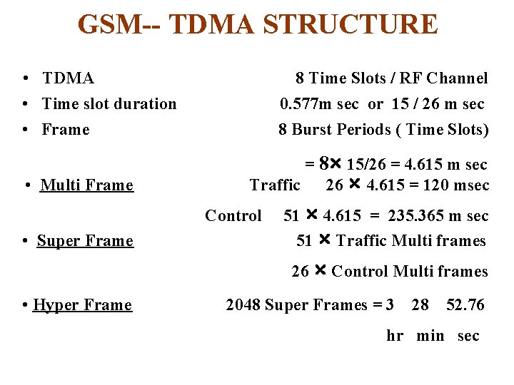 GSM-- TDMA STRUCTURE • TDMA • Time slot duration • Frame • Multi Frame