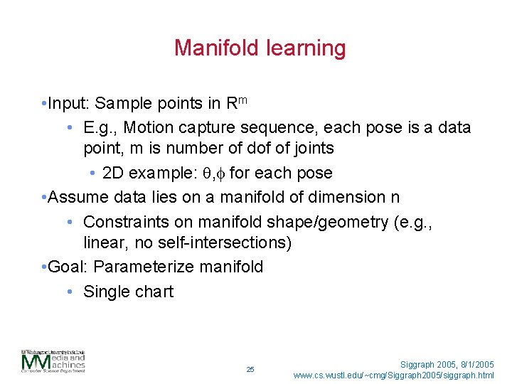 Manifold learning • Input: Sample points in Rm • E. g. , Motion capture