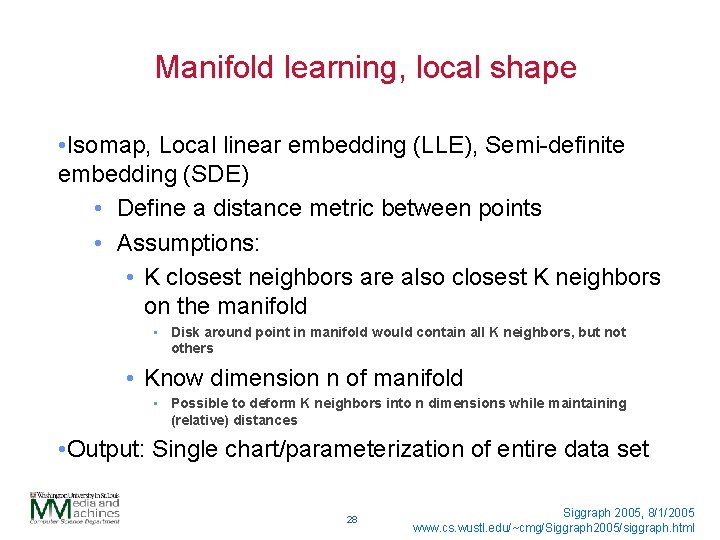 Manifold learning, local shape • Isomap, Local linear embedding (LLE), Semi-definite embedding (SDE) •