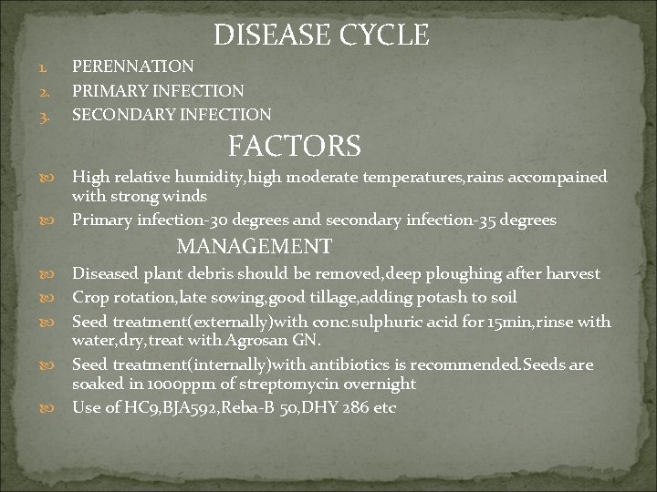 DISEASE CYCLE 1. 2. 3. PERENNATION PRIMARY INFECTION SECONDARY INFECTION FACTORS High relative humidity,