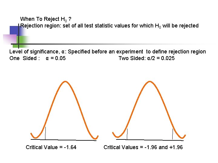 When To Reject H 0 ? Rejection region: set of all test statistic values
