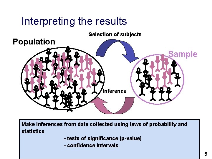 Interpreting the results Population Selection of subjects Sample Inference Make inferences from data collected