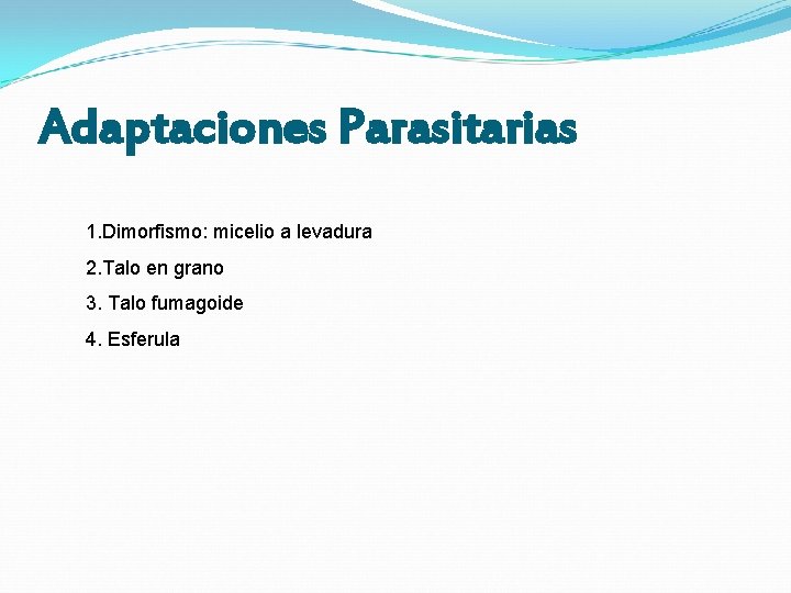 Adaptaciones Parasitarias 1. Dimorfismo: micelio a levadura 2. Talo en grano 3. Talo fumagoide Adaptaciones Parasitarias 1. Dimorfismo: micelio a levadura 2. Talo en grano 3. Talo fumagoide