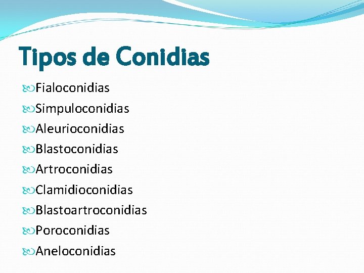 Tipos de Conidias Fialoconidias Simpuloconidias Aleurioconidias Blastoconidias Artroconidias Clamidioconidias Blastoartroconidias Poroconidias Aneloconidias Tipos de Conidias Fialoconidias Simpuloconidias Aleurioconidias Blastoconidias Artroconidias Clamidioconidias Blastoartroconidias Poroconidias Aneloconidias