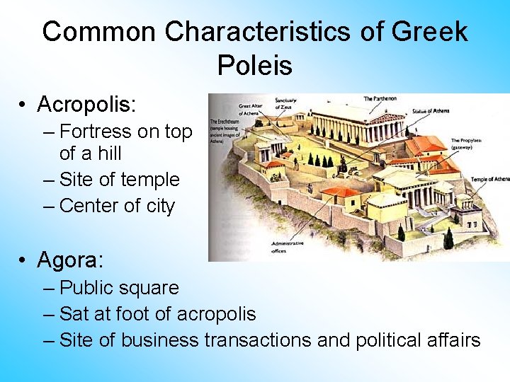 Common Characteristics of Greek Poleis • Acropolis: – Fortress on top of a hill