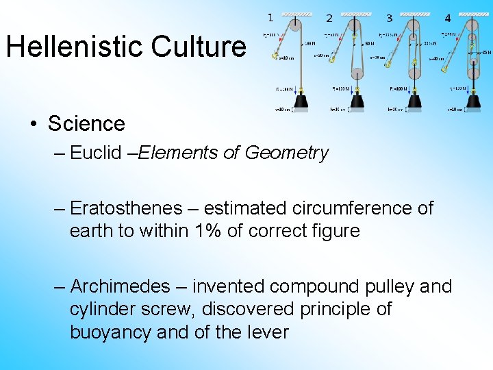 Hellenistic Culture • Science – Euclid –Elements of Geometry – Eratosthenes – estimated circumference