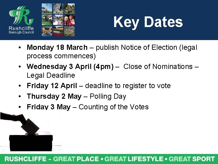 Key Dates • Monday 18 March – publish Notice of Election (legal process commences)