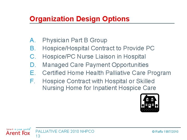 Organization Design Options A. B. C. D. E. F. Physician Part B Group Hospice/Hospital