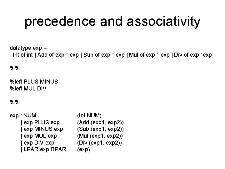 precedence and associativity datatype exp = Int of int | Add of exp *