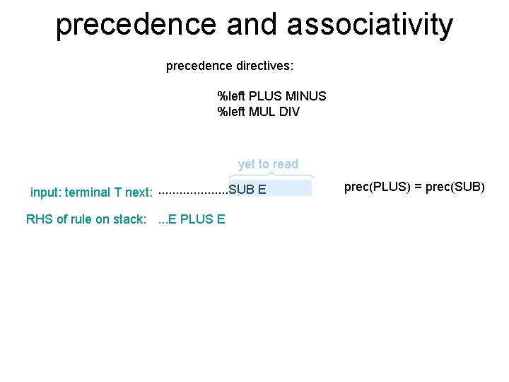 precedence and associativity precedence directives: %left PLUS MINUS %left MUL DIV yet to read