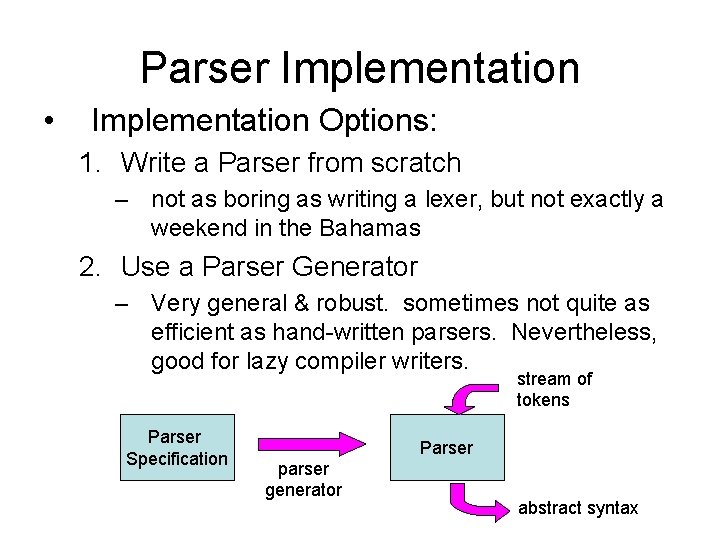 Parser Implementation • Implementation Options: 1. Write a Parser from scratch – not as