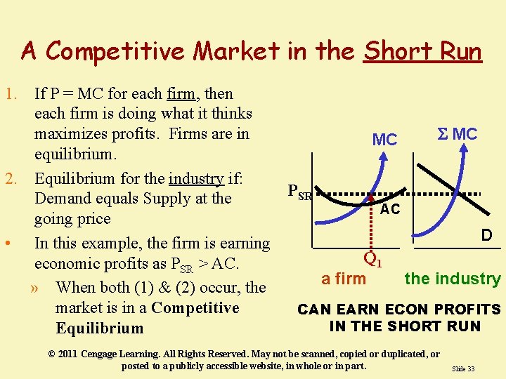 A Competitive Market in the Short Run 1. If P = MC for each A Competitive Market in the Short Run 1. If P = MC for each