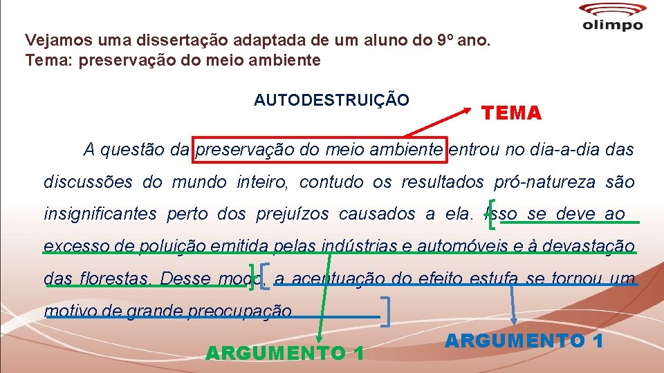 Vejamos uma dissertação adaptada de um aluno do 9º ano. Tema: preservação do meio