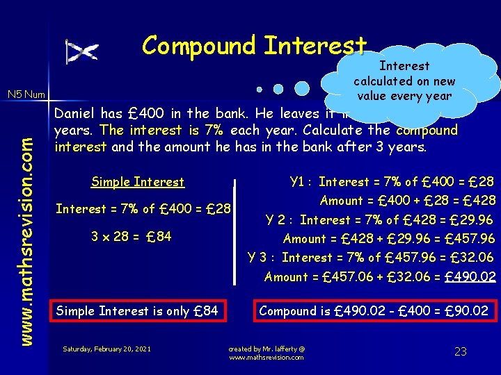 Compound Interest calculated on new value every year www. mathsrevision. com N 5 Num