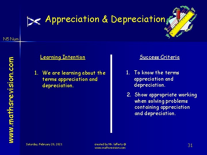 Appreciation & Depreciation www. mathsrevision. com N 5 Num Learning Intention Success Criteria 1.