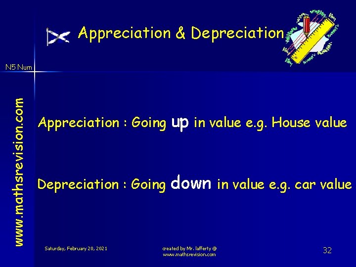 Appreciation & Depreciation www. mathsrevision. com N 5 Num Appreciation : Going up in