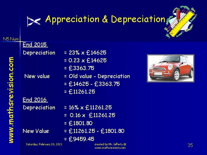 Appreciation & Depreciation www. mathsrevision. com N 5 Num End 2015 Depreciation New value