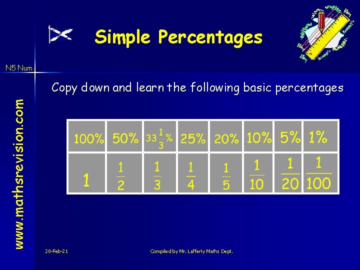 Simple Percentages N 5 Num www. mathsrevision. com Copy down and learn the following