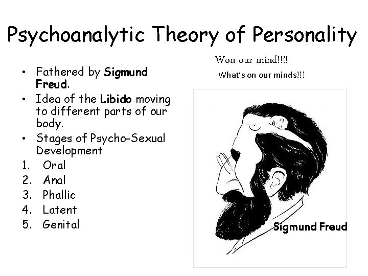 Psychoanalytic Theory of Personality • Fathered by Sigmund Freud. • Idea of the Libido