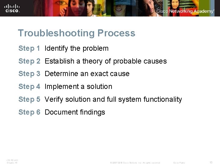 Troubleshooting Process Step 1 Identify the problem Step 2 Establish a theory of probable Troubleshooting Process Step 1 Identify the problem Step 2 Establish a theory of probable