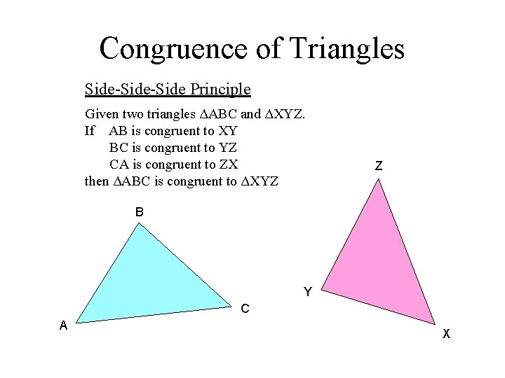 Congruence of Triangles Side-Side Principle Given two triangles ΔABC and ΔXYZ. If AB is