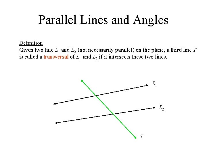 Parallel Lines and Angles Definition Given two line L 1 and L 2 (not