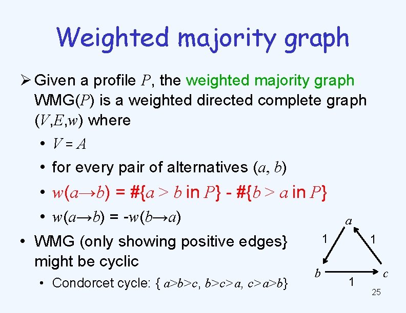 Weighted majority graph Ø Given a profile P, the weighted majority graph WMG(P) is