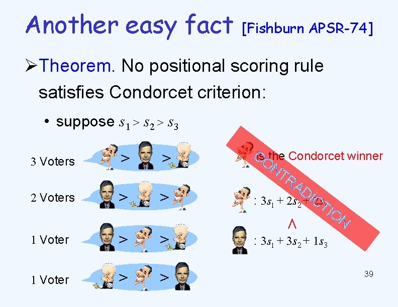 Another easy fact [Fishburn APSR-74] ØTheorem. No positional scoring rule satisfies Condorcet criterion: •