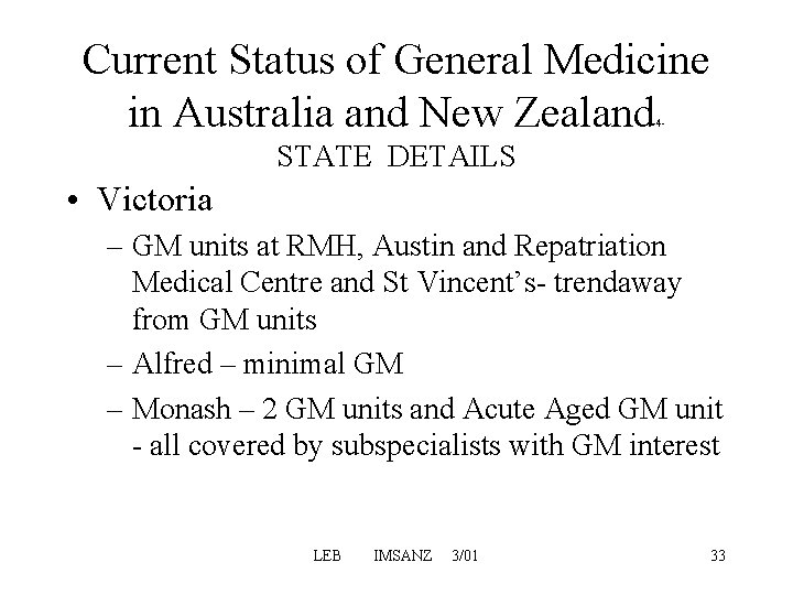 Current Status of General Medicine in Australia and New Zealand 4 - STATE DETAILS Current Status of General Medicine in Australia and New Zealand 4 - STATE DETAILS