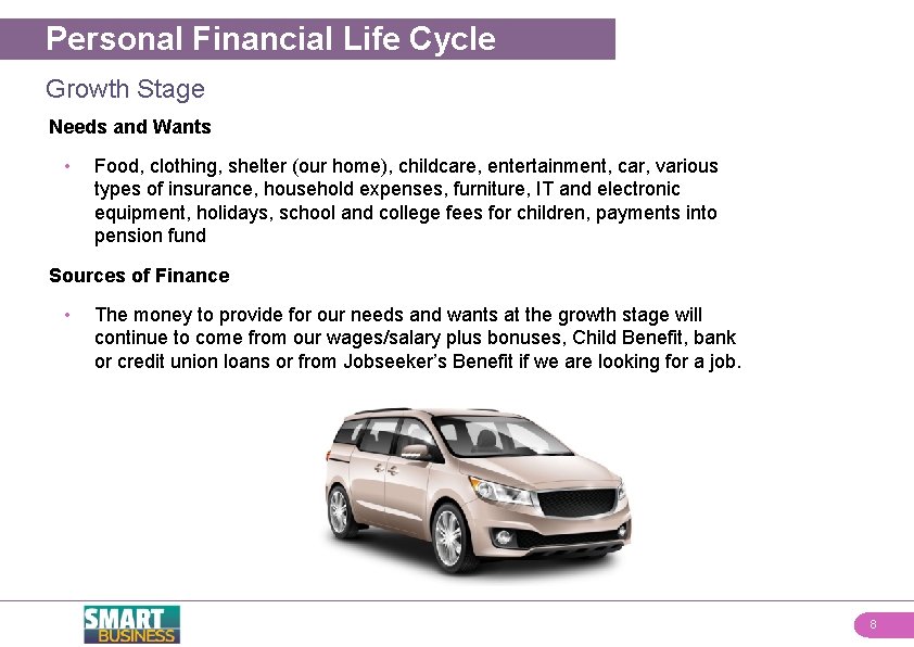 Personal Financial Life Cycle Growth Stage Needs and Wants • Food, clothing, shelter (our