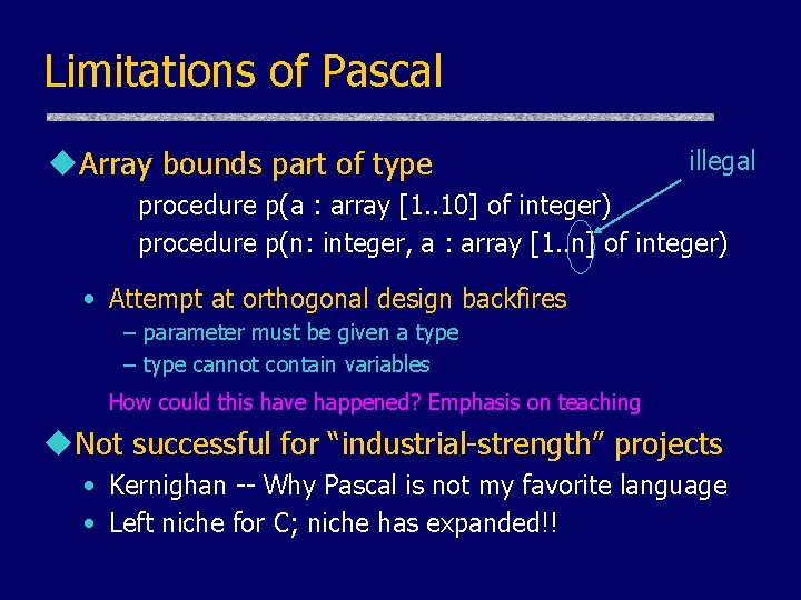 Limitations of Pascal u. Array bounds part of type illegal procedure p(a : array Limitations of Pascal u. Array bounds part of type illegal procedure p(a : array