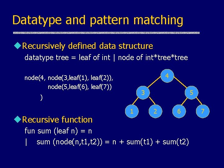Datatype and pattern matching u. Recursively defined data structure datatype tree = leaf of Datatype and pattern matching u. Recursively defined data structure datatype tree = leaf of