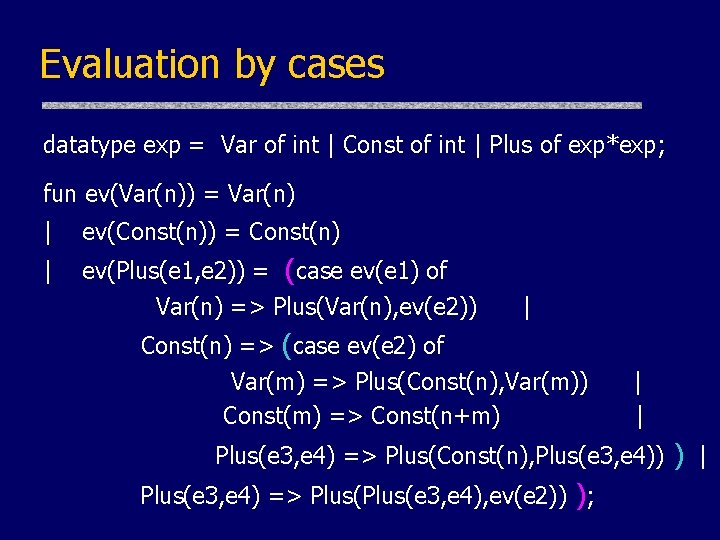 Evaluation by cases datatype exp = Var of int | Const of int | Evaluation by cases datatype exp = Var of int | Const of int |