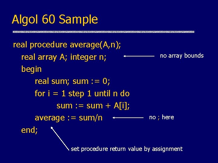 Algol 60 Sample real procedure average(A, n); real array A; integer n; begin real Algol 60 Sample real procedure average(A, n); real array A; integer n; begin real