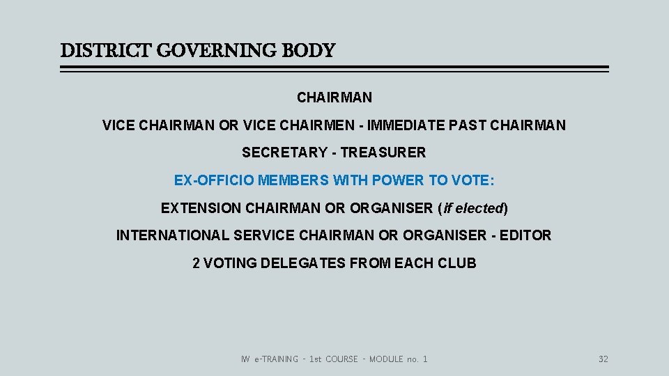 DISTRICT GOVERNING BODY CHAIRMAN VICE CHAIRMAN OR VICE CHAIRMEN - IMMEDIATE PAST CHAIRMAN SECRETARY