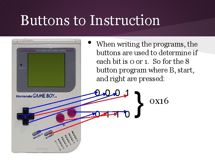 Buttons to Instruction • When writing the programs, the buttons are used to determine