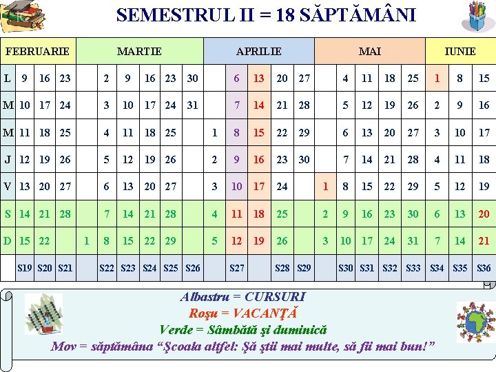 SEMESTRUL II = 18 SĂPTĂM NI FEBRUARIE L 9 MARTIE APRILIE MAI IUNIE 16