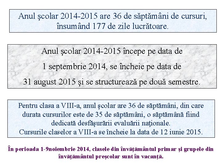 Anul şcolar 2014 -2015 are 36 de săptămâni de cursuri, însumând 177 de zile