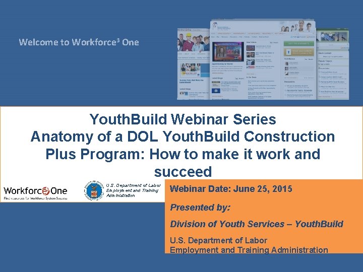 Welcome to Workforce 3 One Youth. Build Webinar Series Anatomy of a DOL Youth.