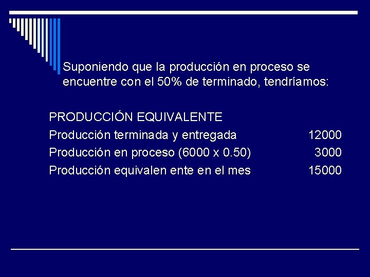 Suponiendo que la producción en proceso se encuentre con el 50% de terminado, tendríamos: