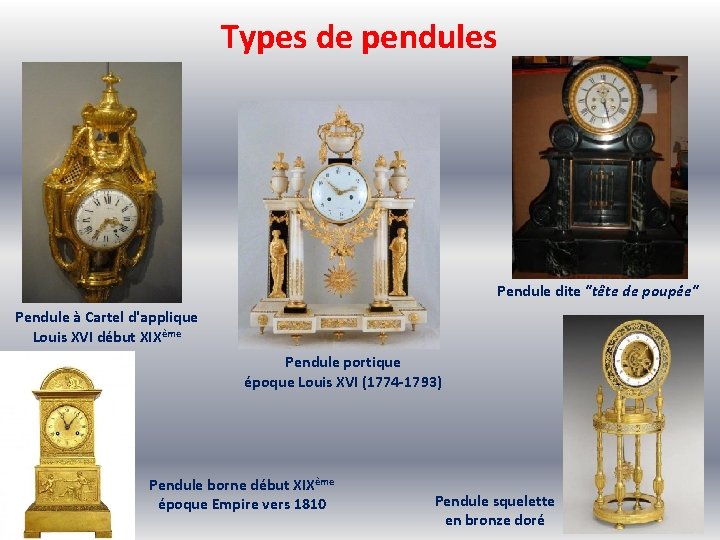 Types de pendules Pendule dite "tête de poupée" Pendule à Cartel d'applique Louis XVI