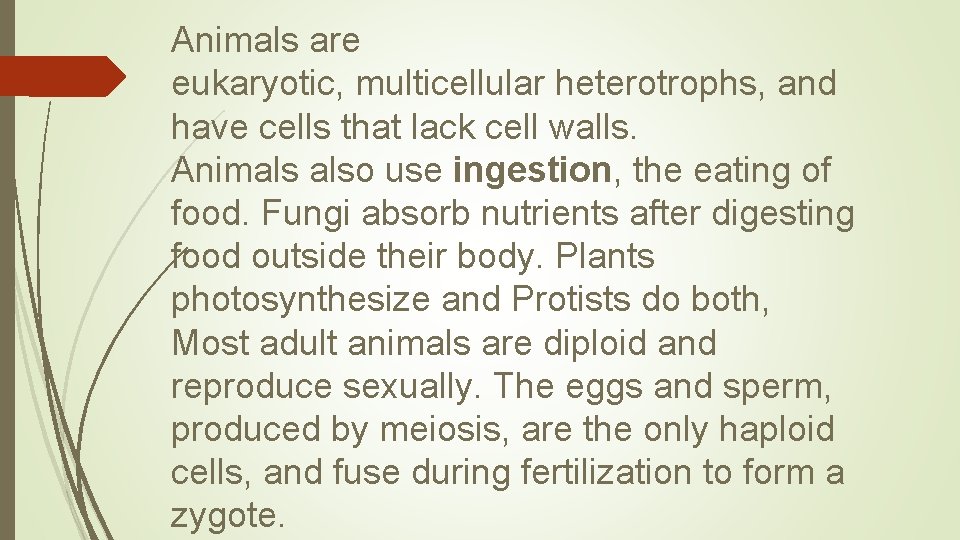 Animals are eukaryotic, multicellular heterotrophs, and have cells that lack cell walls. Animals also