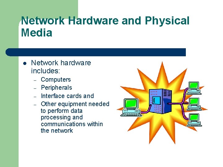 Network Hardware and Physical Media l Network hardware includes: – – Computers Peripherals Interface